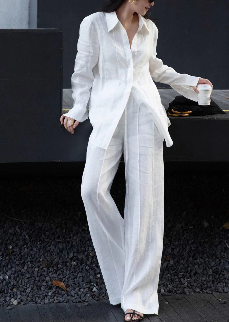 White Button Linen Shirts And Wide Leg Pants Two Pieces Set Spring - Image 2