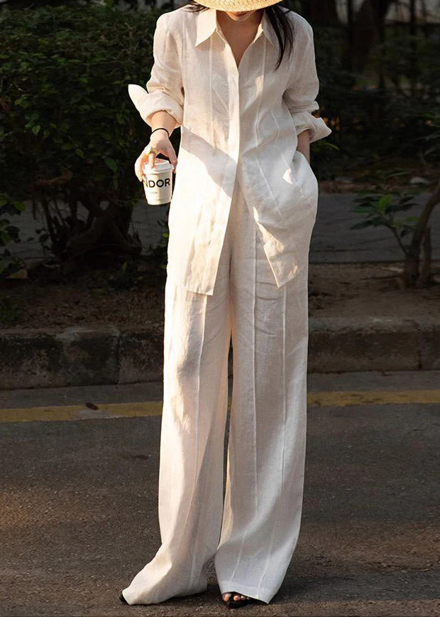 White Button Linen Shirts And Wide Leg Pants Two Pieces Set Spring - Image 3
