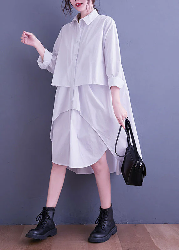 White Button Patchwork Cotton Shirts Dresses Asymmetrical Long Sleeve - Image 2