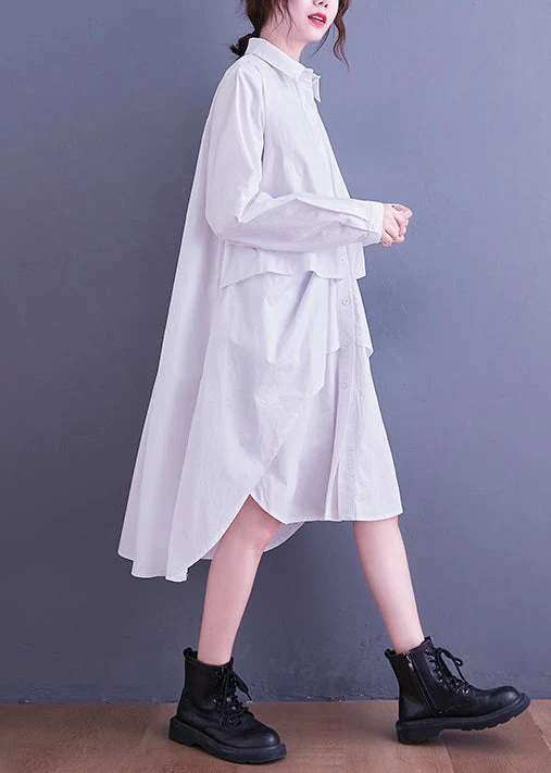 White Button Patchwork Cotton Shirts Dresses Asymmetrical Long Sleeve - Image 3