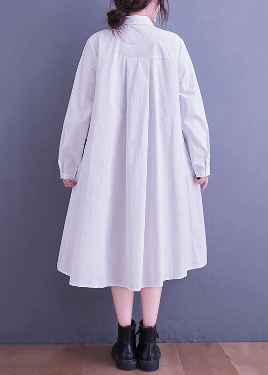 White Button Patchwork Cotton Shirts Dresses Asymmetrical Long Sleeve - Image 4