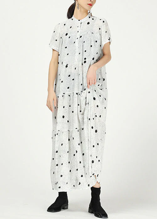 White Button Print Cotton Long Dress Stand Collar Summer - Image 2