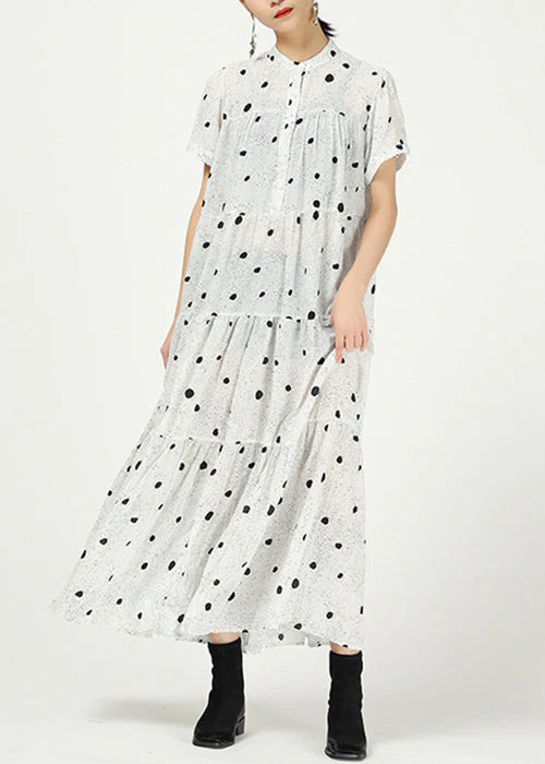 White Button Print Cotton Long Dress Stand Collar Summer - Image 3