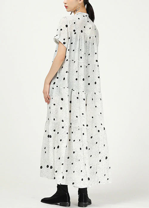 White Button Print Cotton Long Dress Stand Collar Summer - Image 4