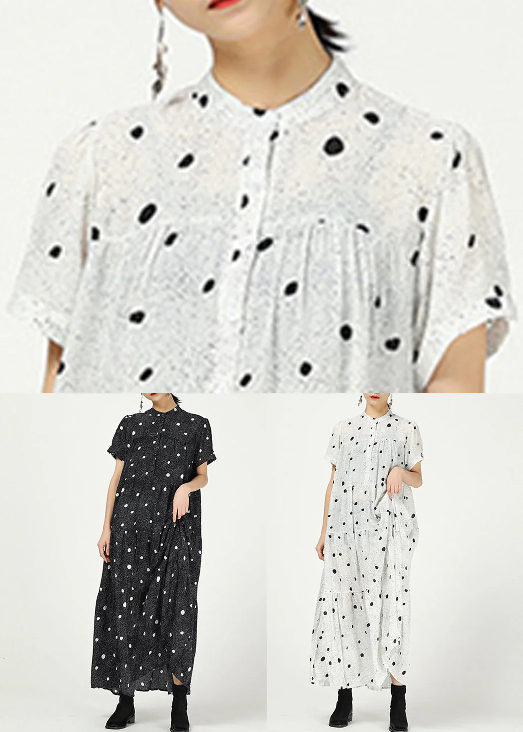 White Button Print Cotton Long Dress Stand Collar Summer - Image 5