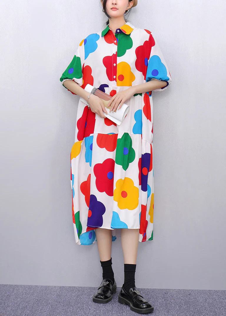 White Button Print Cotton Shirts Dress Peter Pan Collar Summer - Image 2