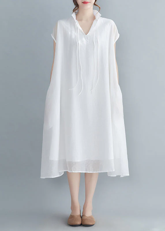 White Chiffon Long Dress Extra large hem Lace up Short Sleeve - Image 5