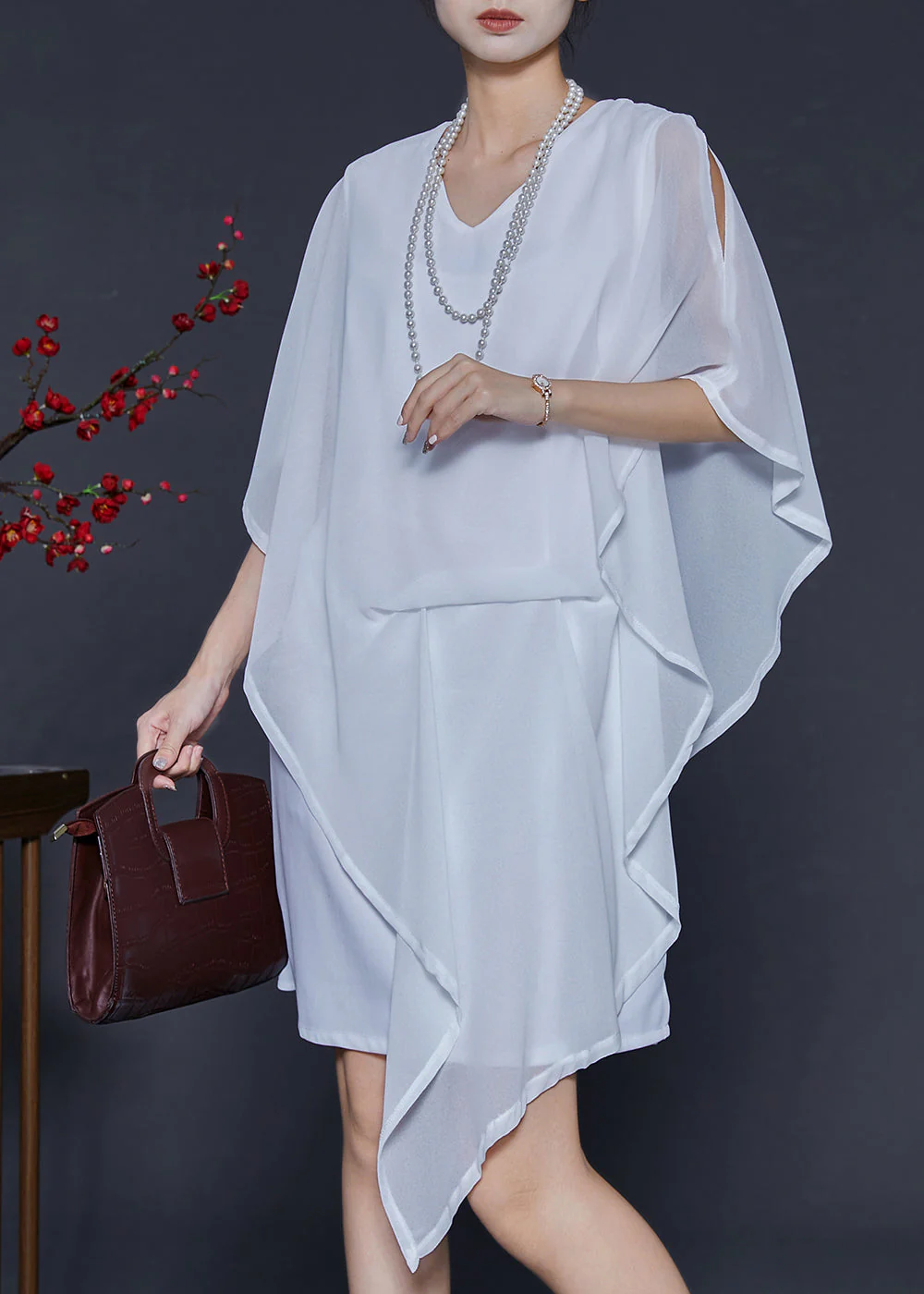 White Cold Shoulder Chiffon Day Dresses Asymmetrical Summer - Image 3