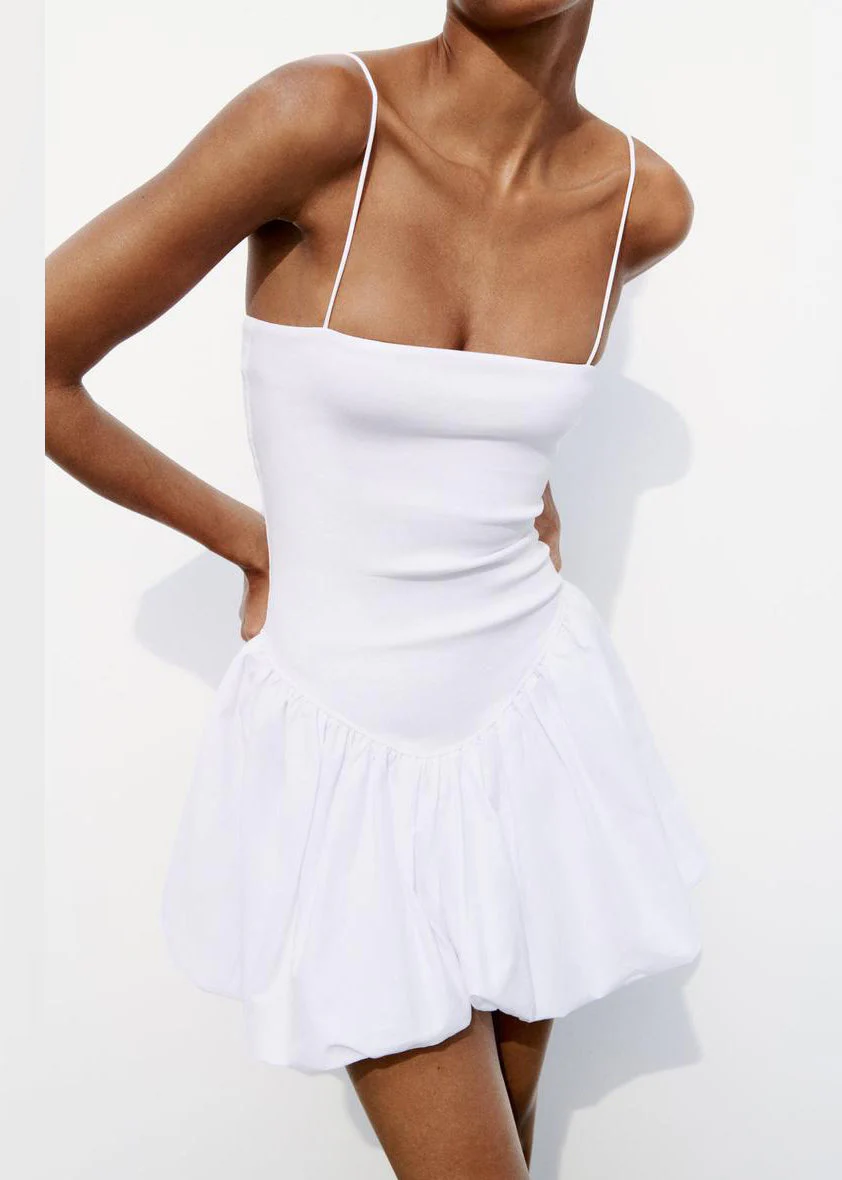 White Cold Shoulder Solid Cotton Sleeveless Mini Dress Backless - Image 3