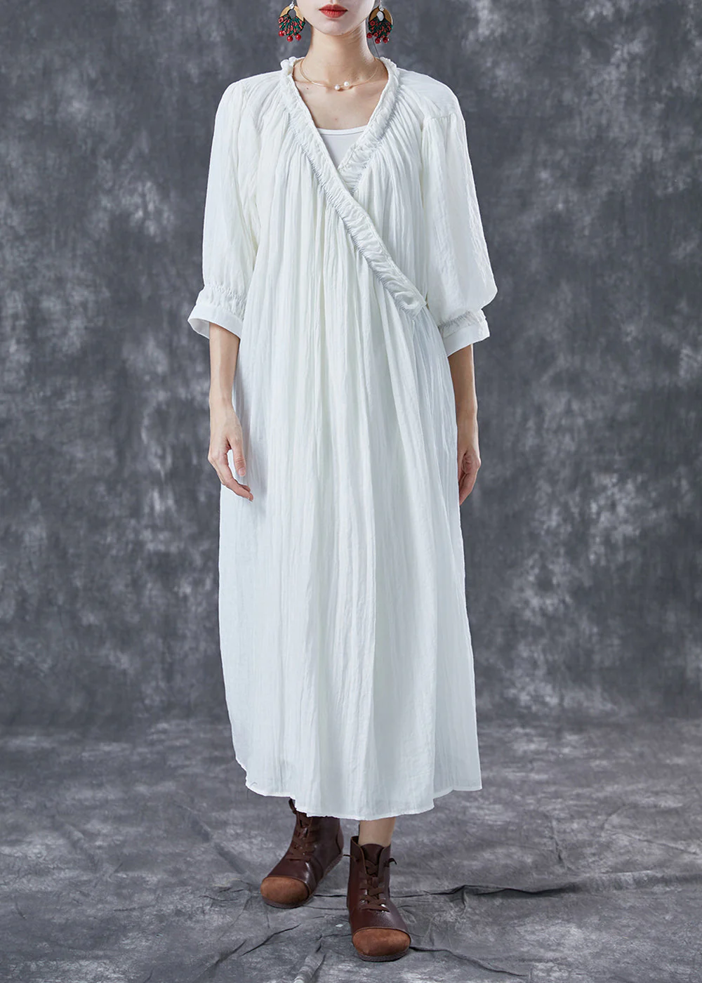 White Cotton Maxi Dresses Tie Waist Wrinkled Summer - Image 2