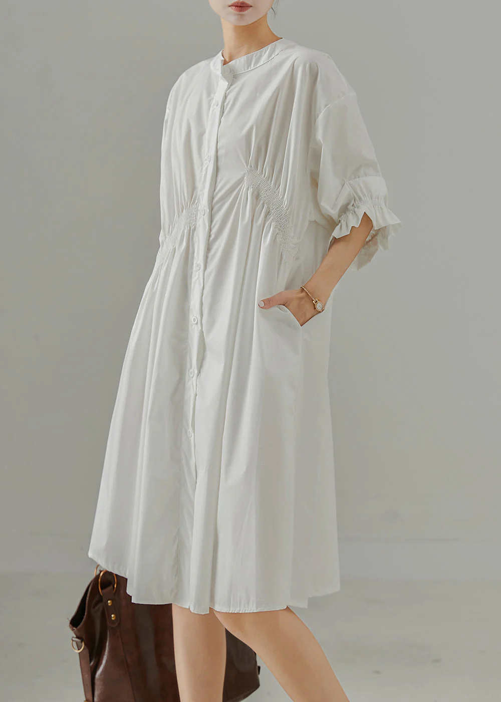 White Cotton Work Dress Asymmetrical Wrinkled Summer - Image 3