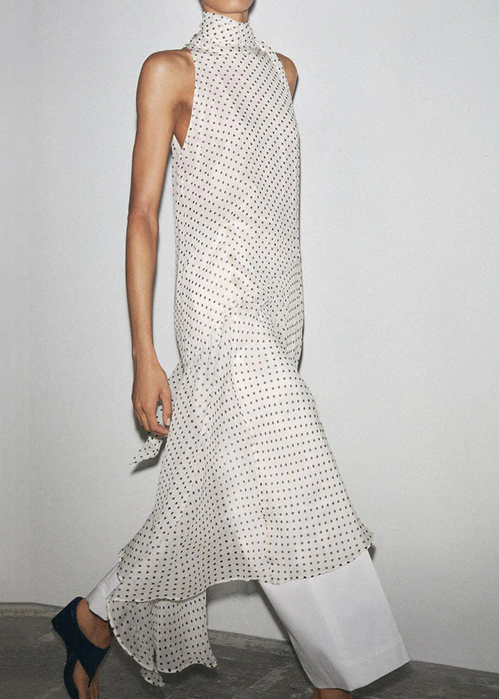 White Dot Side Open Chiffon Long Dress Lace Up Sleeveless