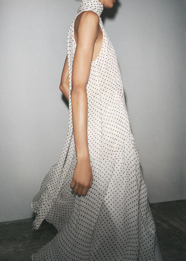 White Dot Side Open Chiffon Long Dress Lace Up Sleeveless - Image 3