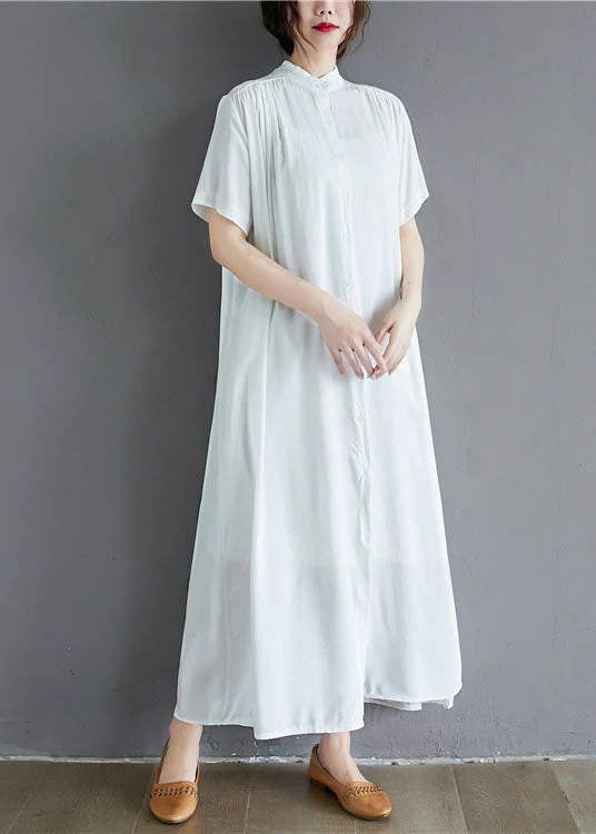 White Draping Cotton Holiday Dress Stand Collar Oversized Summer - Image 2