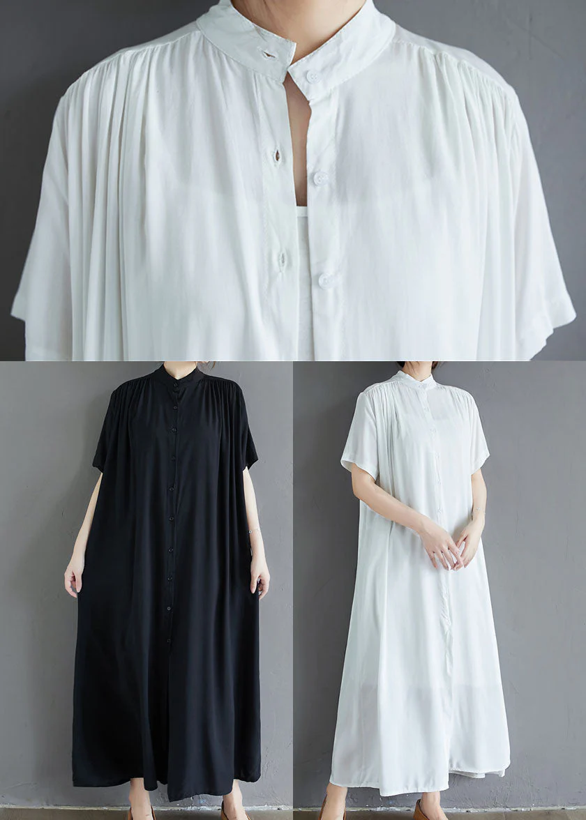 White Draping Cotton Holiday Dress Stand Collar Oversized Summer - Image 5