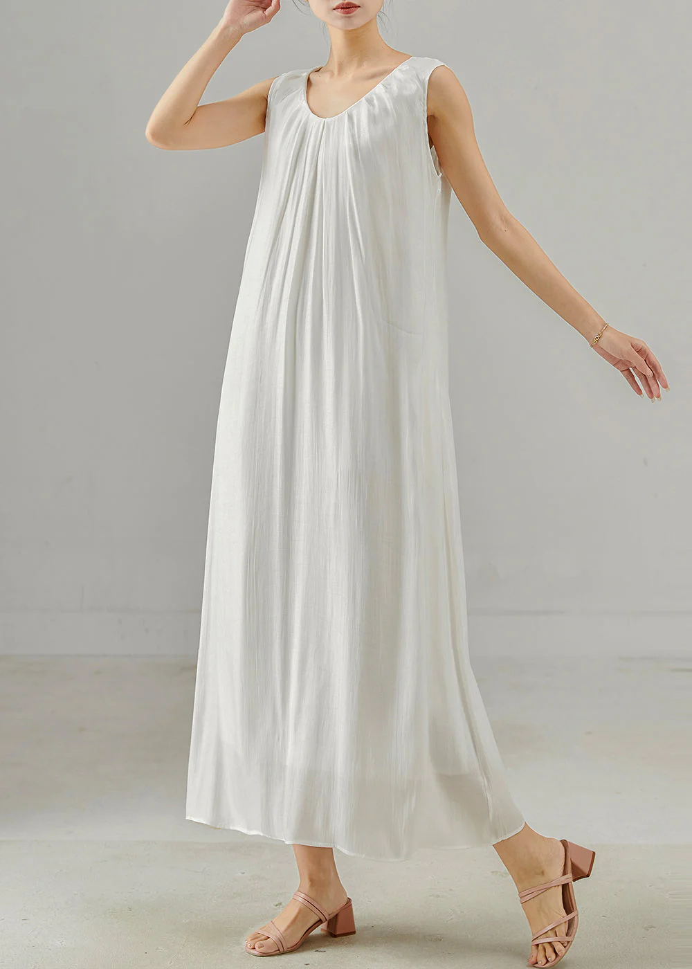 White Draping Silk Long Dress Oversized Sleeveless - Image 3