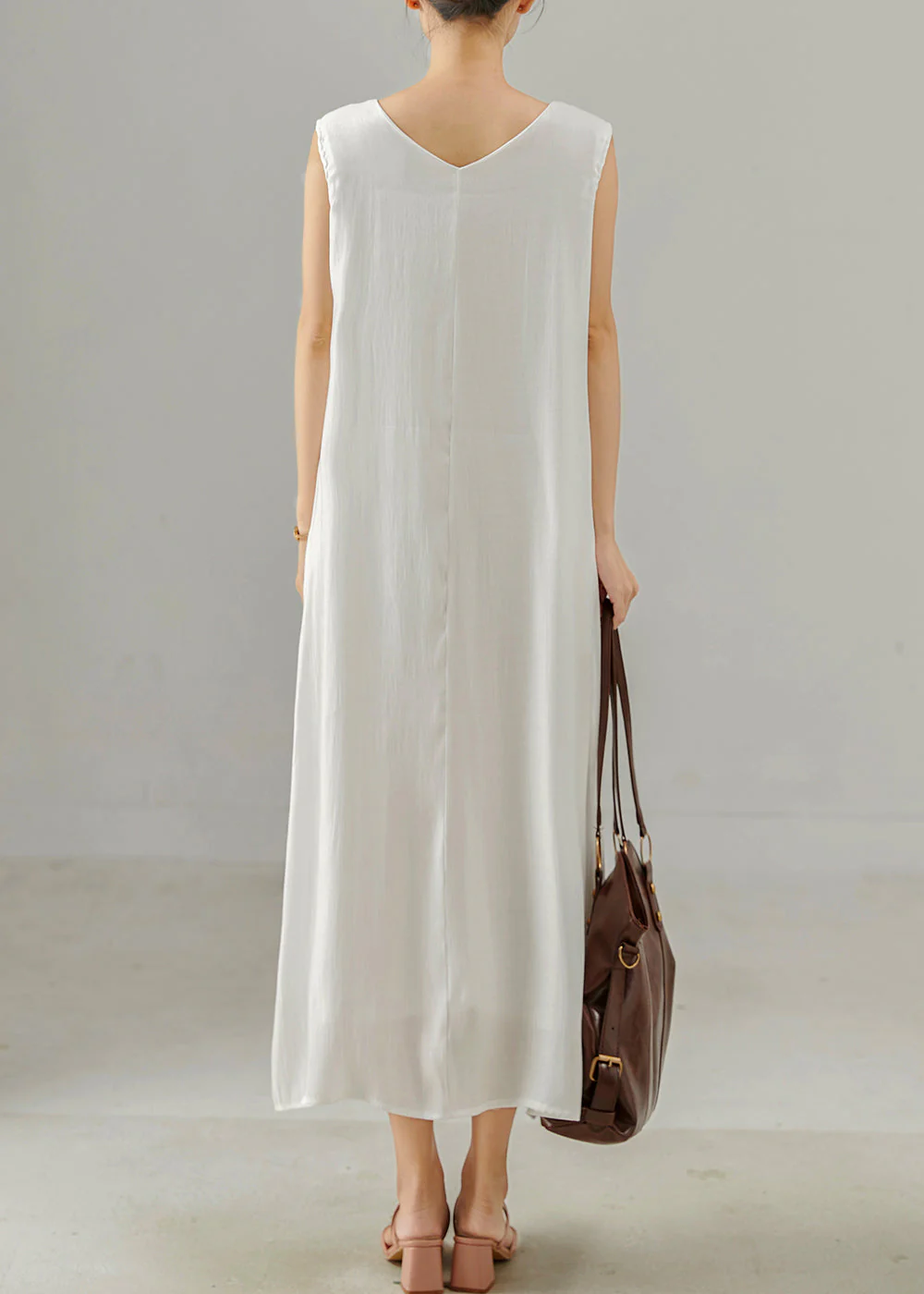 White Draping Silk Long Dress Oversized Sleeveless - Image 4