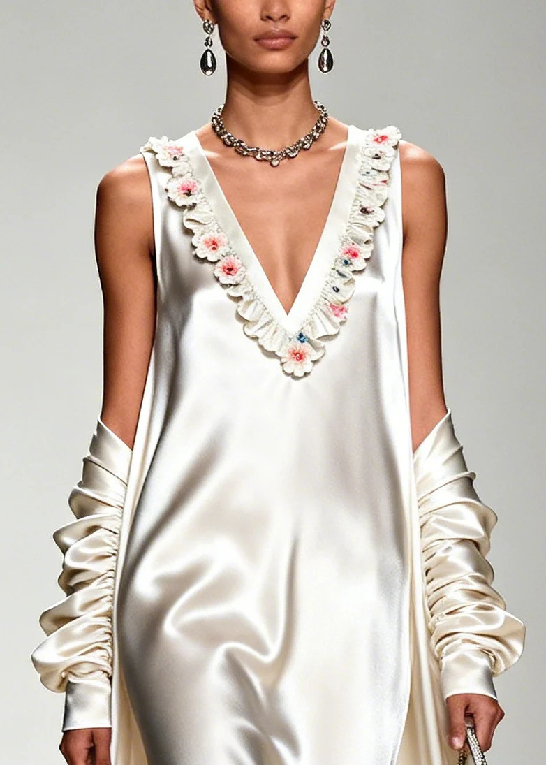 White Draping Silk Vacation Dresses V Neck Exra Large Hem Summer - Image 2