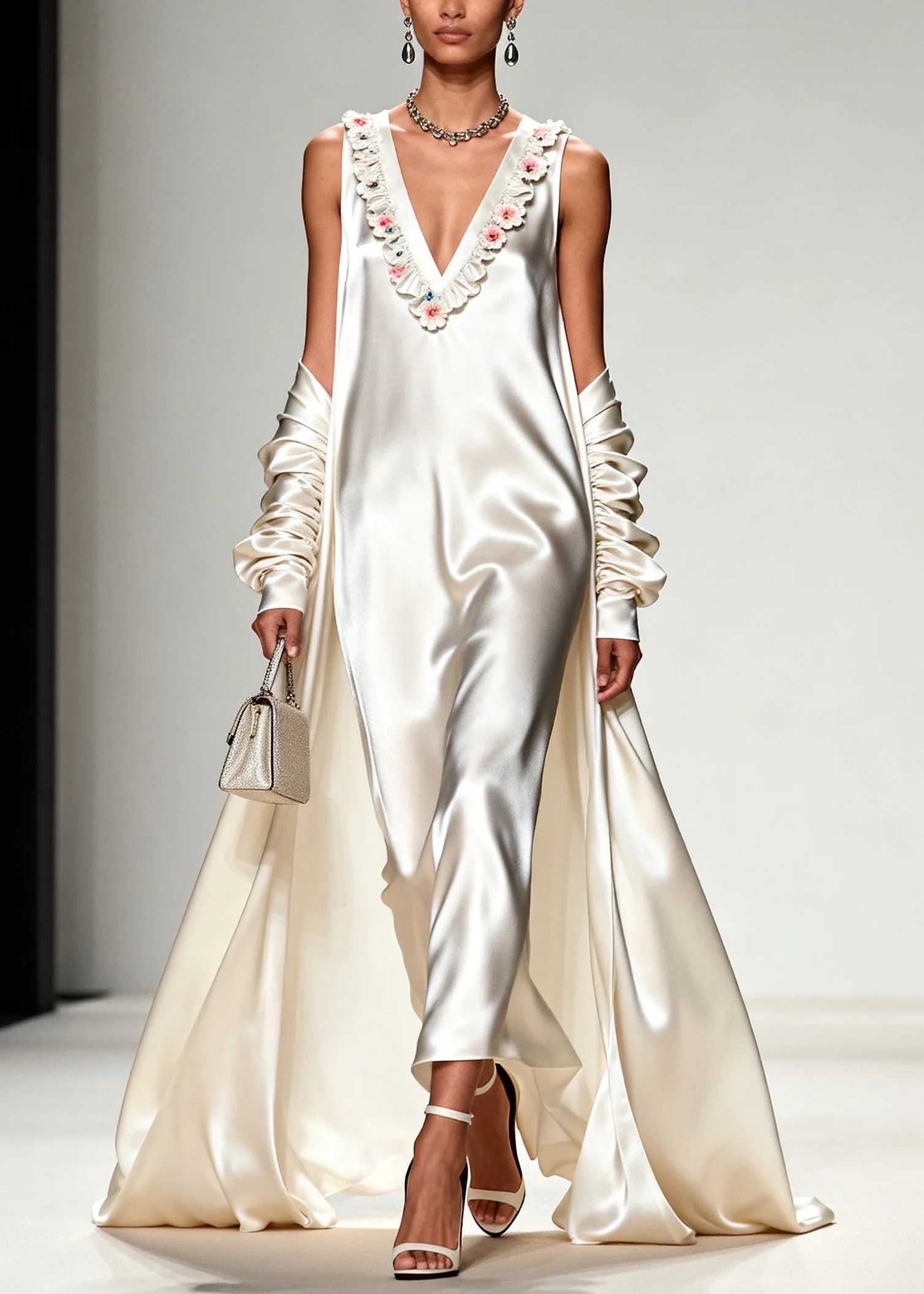 White Draping Silk Vacation Dresses V Neck Exra Large Hem Summer - Image 3