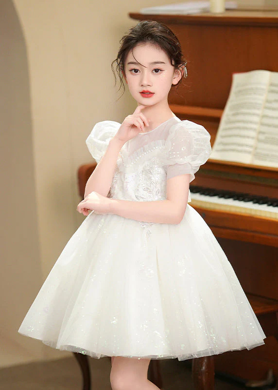 White Embroideried Tulle Baby Girls Party Dress Puff Sleeve Summer - Image 2