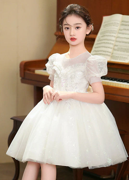White Embroideried Tulle Baby Girls Party Dress Puff Sleeve Summer - Image 3
