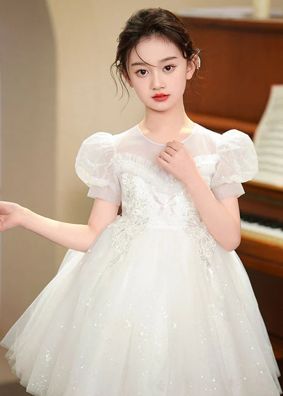 White Embroideried Tulle Baby Girls Party Dress Puff Sleeve Summer - Image 4