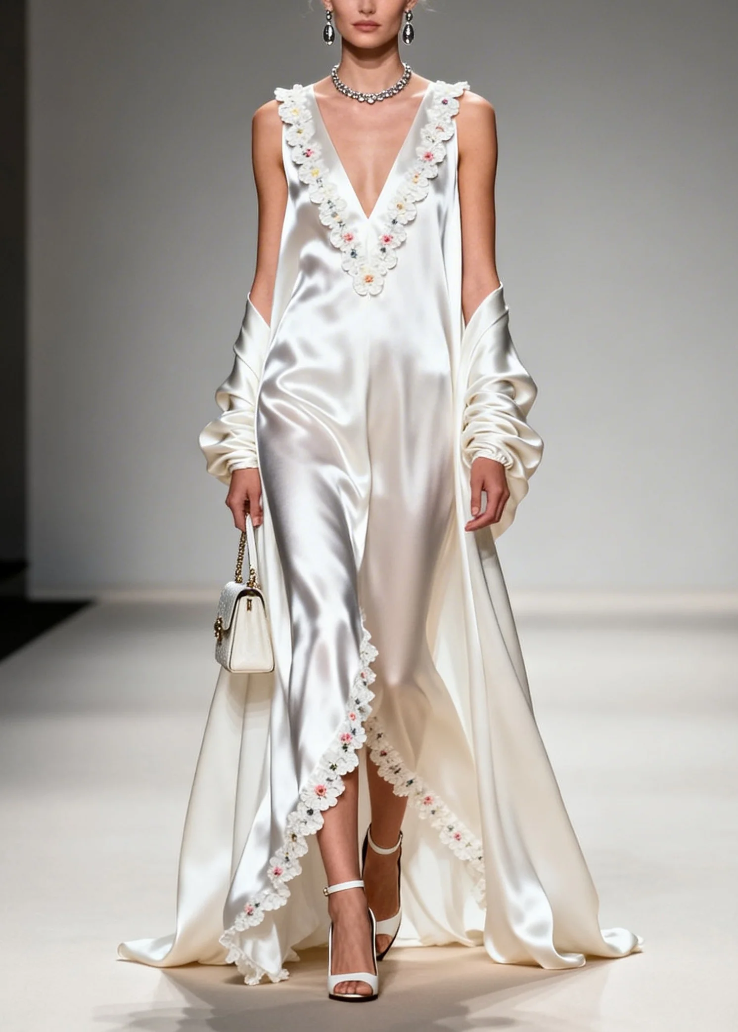 White Floral Silk Maxi Dress V Neck Exra Large Hem Summer - Image 3