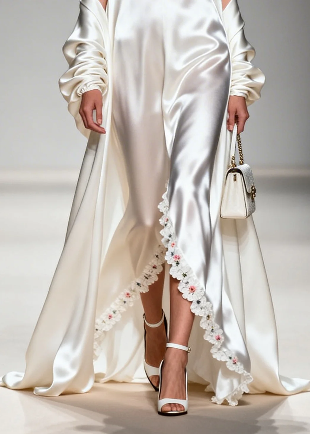 White Floral Silk Maxi Dress V Neck Exra Large Hem Summer - Image 4