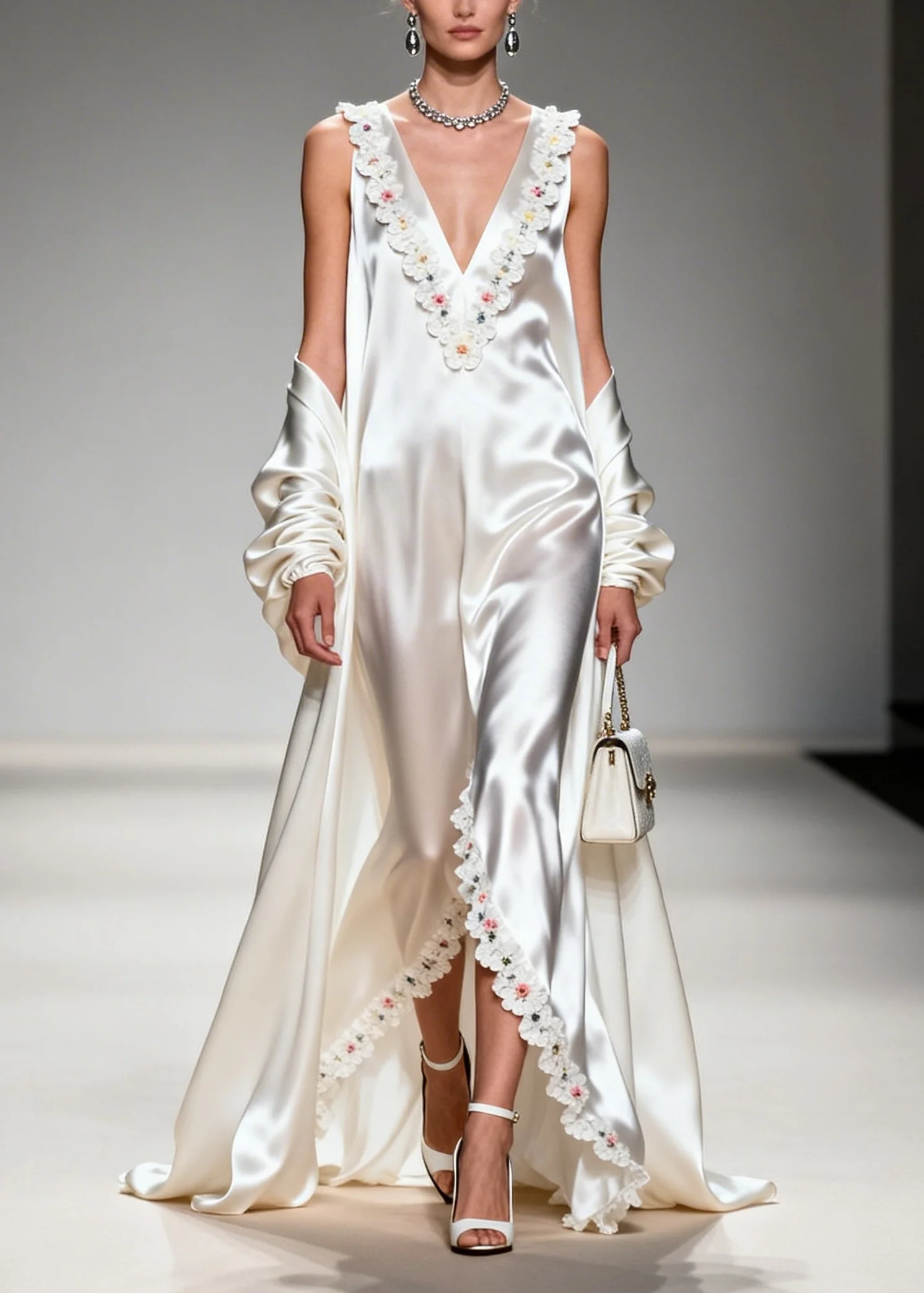 White Floral Silk Maxi Dress V Neck Exra Large Hem Summer - Image 5