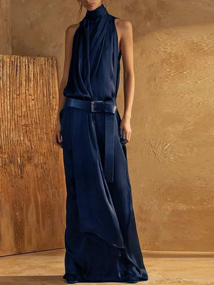 Blue Flowers Elegant Plain High Neck Sleeveless Loose Maxi Tank Dress - Image 3