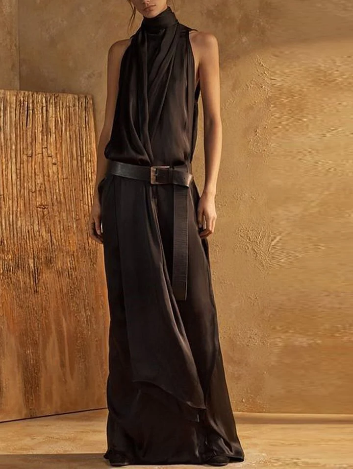 Blue Flowers Elegant Plain High Neck Sleeveless Loose Maxi Tank Dress - Image 4