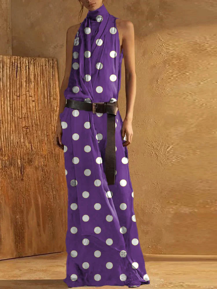 Blue Flowers Elegant Plain High Neck Sleeveless Loose Maxi Tank Dress - Image 6