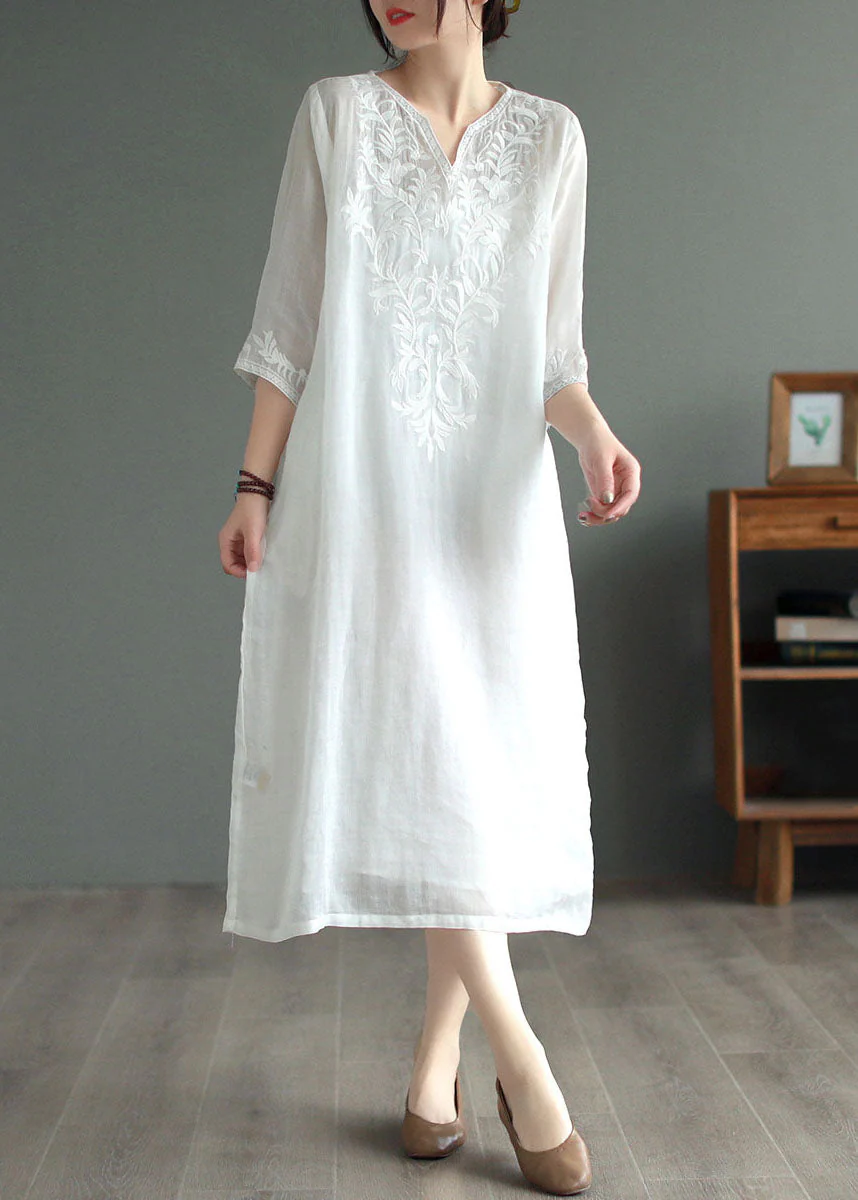 White geometry Patchwork Linen Dresses V Neck Embroidered Bracelet Sleeve - Image 2
