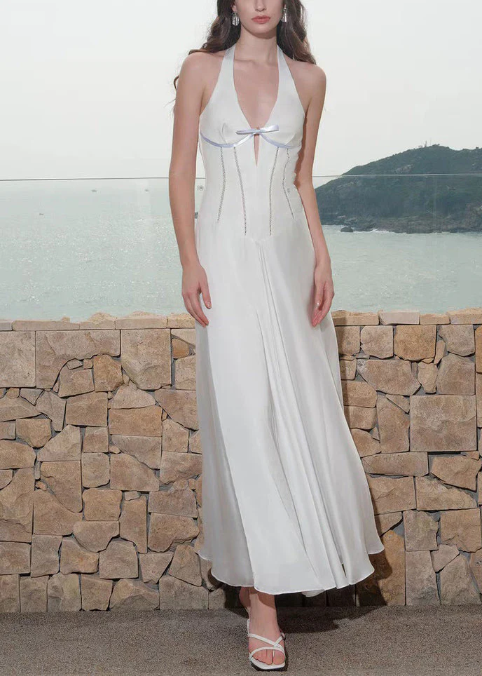White Hollow Out Lace Up Cotton Long Dress V Neck Summer - Image 2