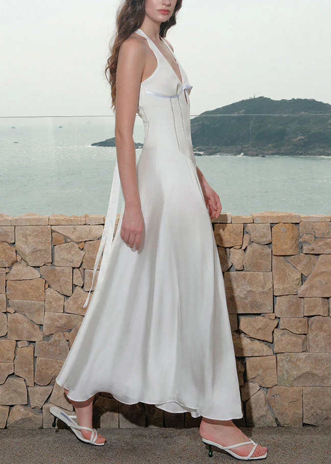 White Hollow Out Lace Up Cotton Long Dress V Neck Summer - Image 3