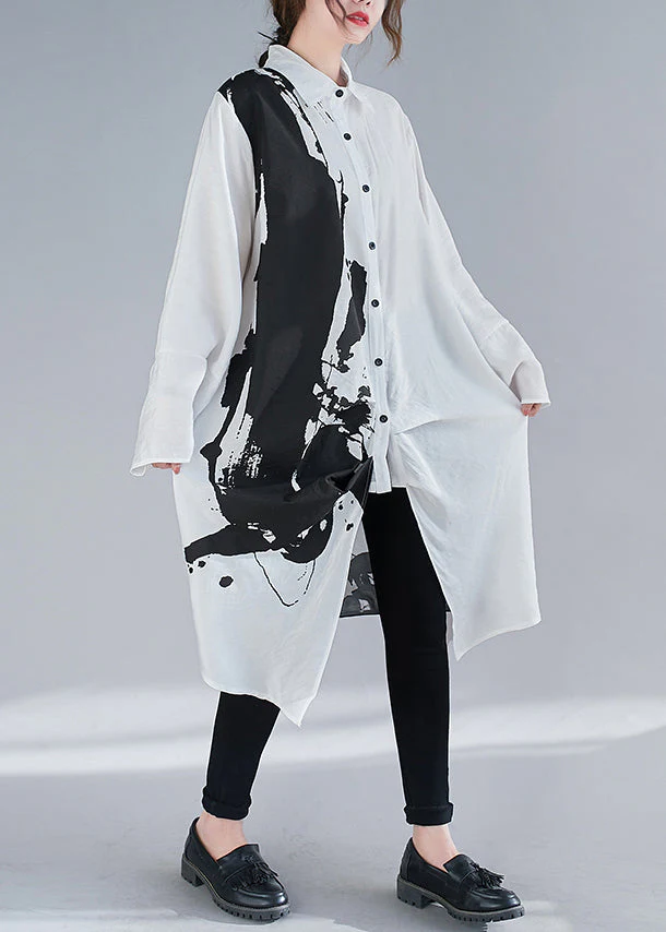 White Inkwash Painting Cotton Dress Asymmetrical Fall - Image 2