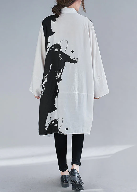 White Inkwash Painting Cotton Dress Asymmetrical Fall - Image 3