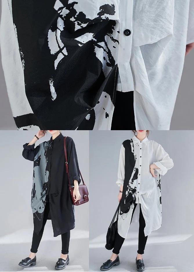 White Inkwash Painting Cotton Dress Asymmetrical Fall - Image 4