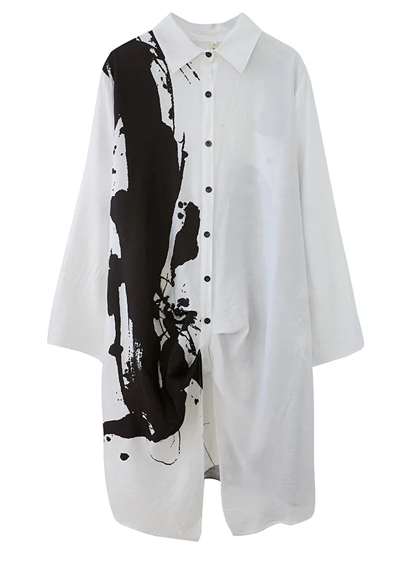 White Inkwash Painting Cotton Dress Asymmetrical Fall - Image 5