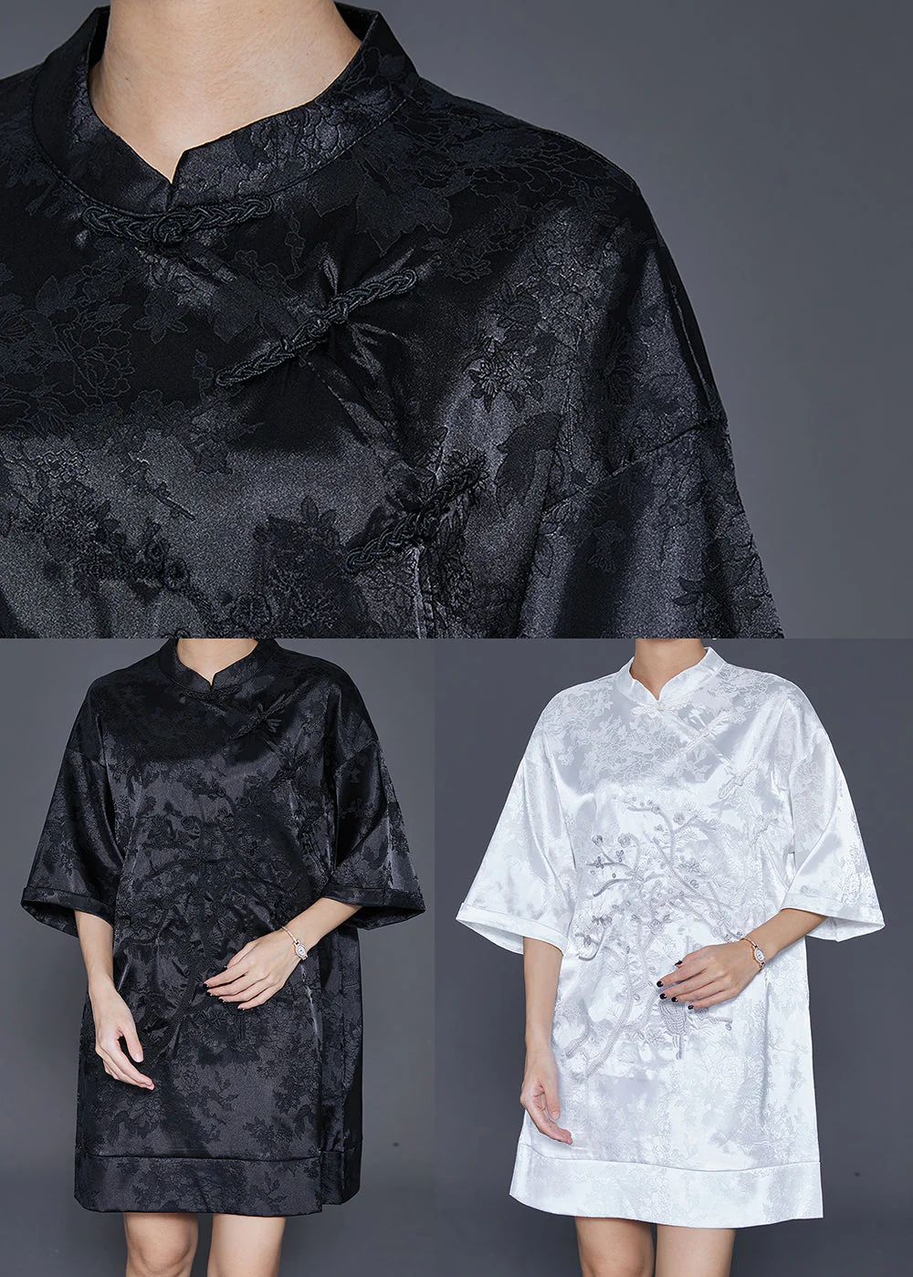 White Jacquard Silk Chinese Style Dress Embroideried Half Sleeve - Image 5