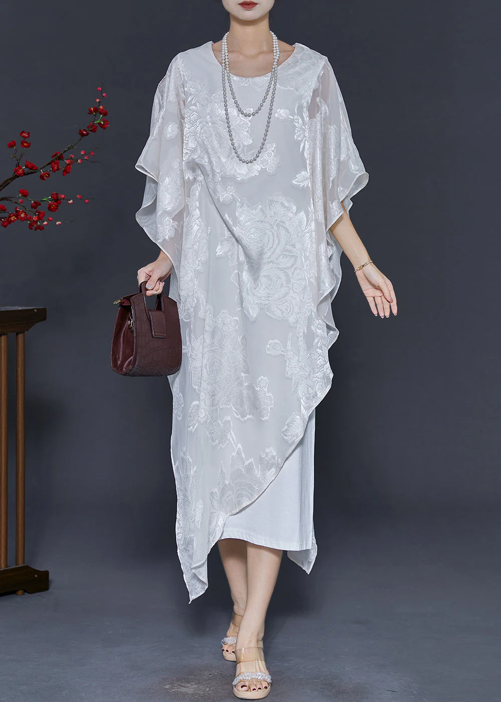 White Jacquard Silk Holiday Dress Asymmetrical Summer - Image 3