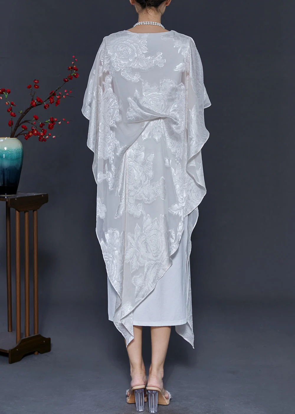 White Jacquard Silk Holiday Dress Asymmetrical Summer - Image 4