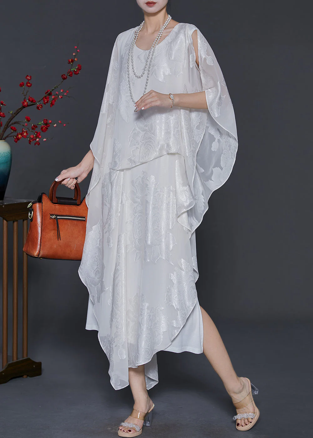 White Jacquard Silk Long Dress Cold Shoulder Summer - Image 2