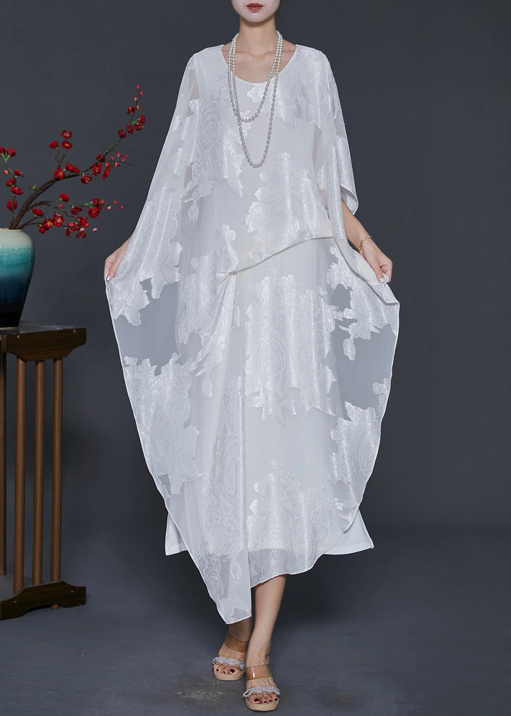 White Jacquard Silk Long Dress Cold Shoulder Summer - Image 3