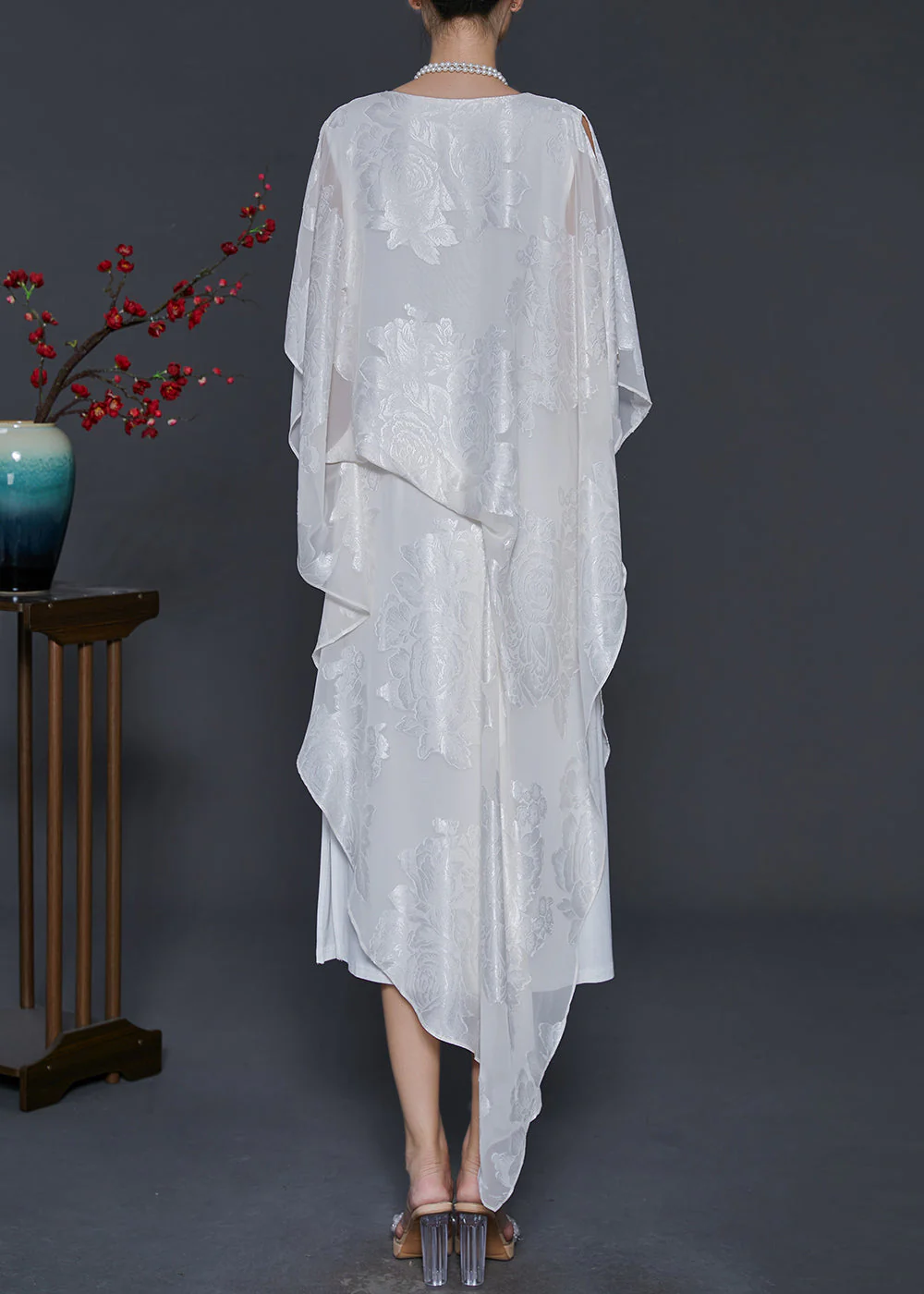 White Jacquard Silk Long Dress Cold Shoulder Summer - Image 4