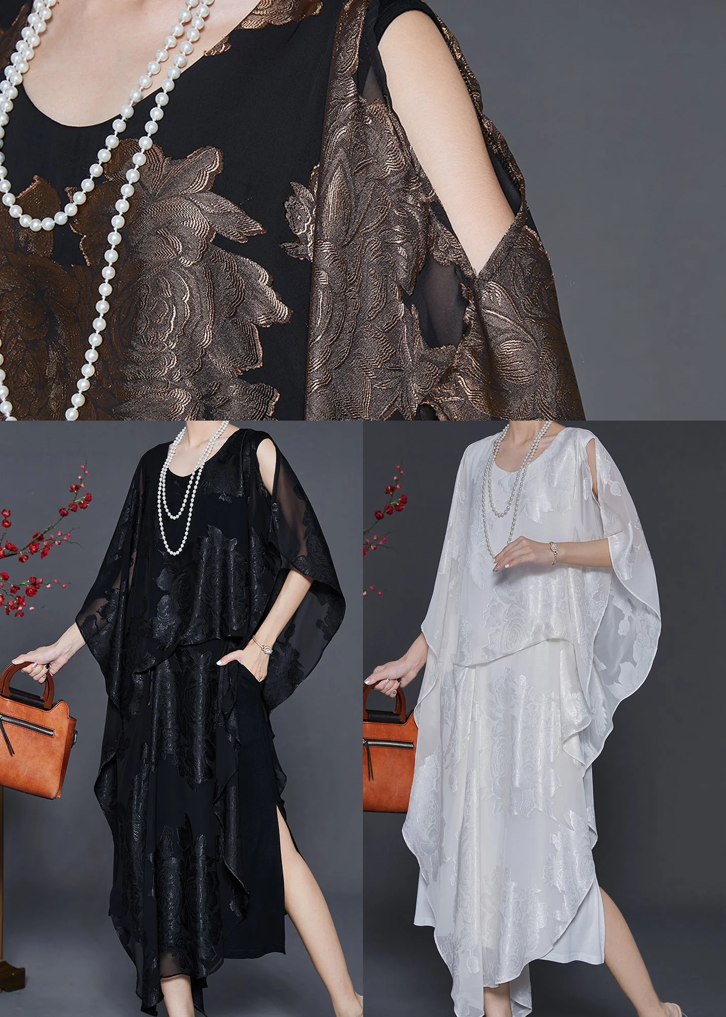 White Jacquard Silk Long Dress Cold Shoulder Summer - Image 5