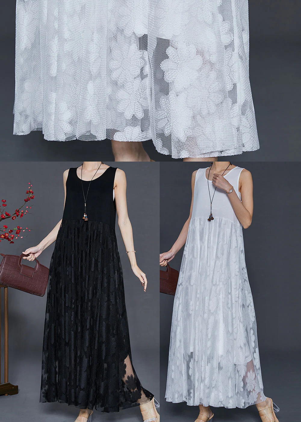 White Lace Dress Embroidered Exra Large Hem Sleeveless - Image 5