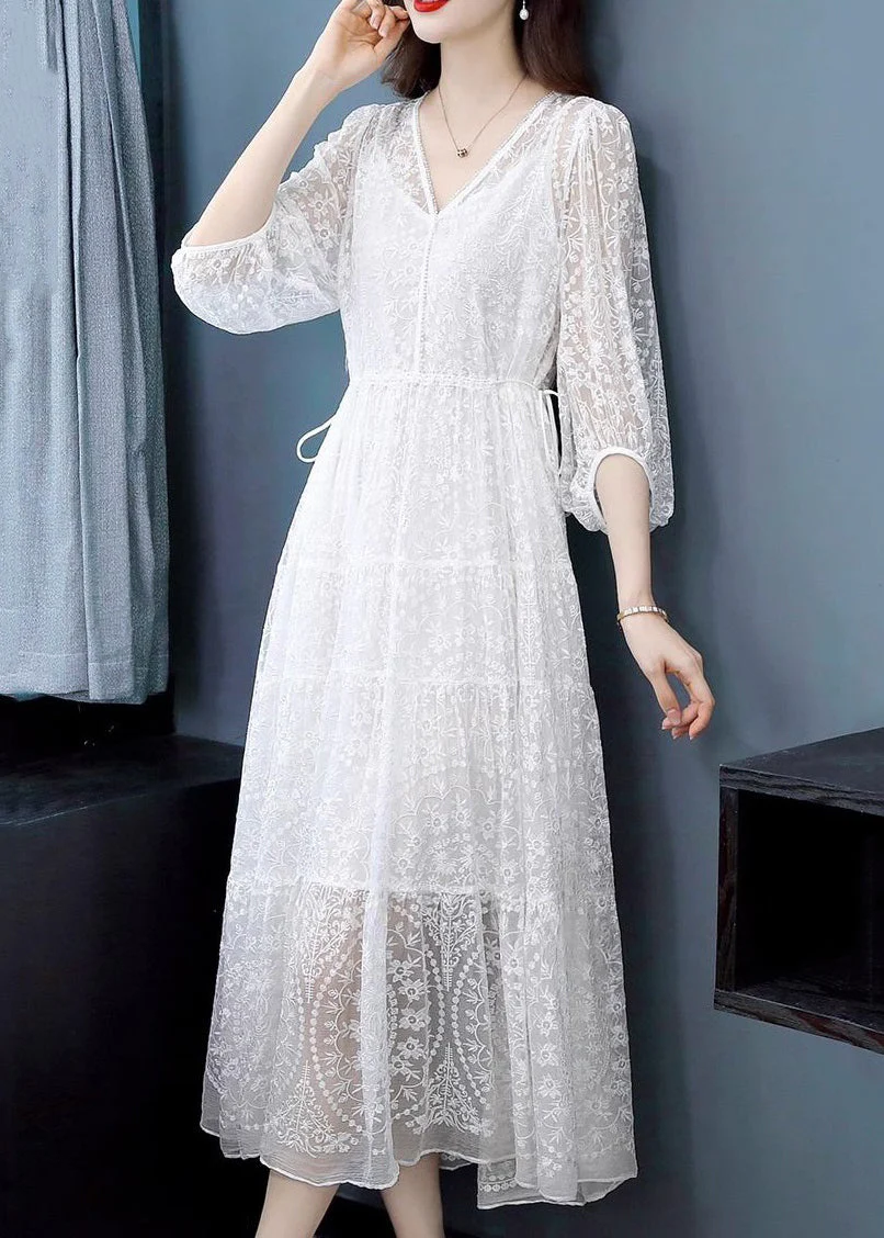 White Lace Up Nail Bead Long Dresses V Neck Summer - Image 2