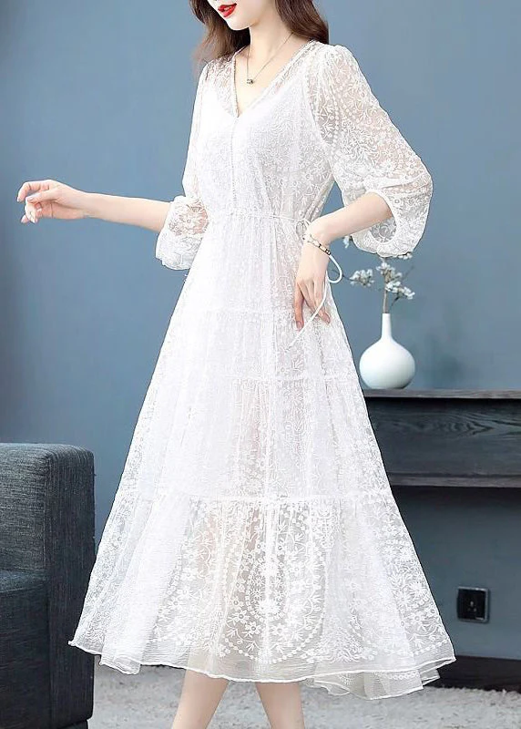 White Lace Up Nail Bead Long Dresses V Neck Summer - Image 3
