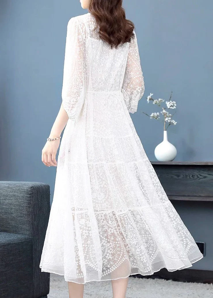 White Lace Up Nail Bead Long Dresses V Neck Summer - Image 4